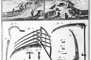 Sklizeň sena a obilí, nářadí na sklizeň.<br /> <br /> Reprodukce z Recueil de planches sur les sciences les arts liberaux et les arts mechaniques, Livorno, 1771. Sbírka NZM